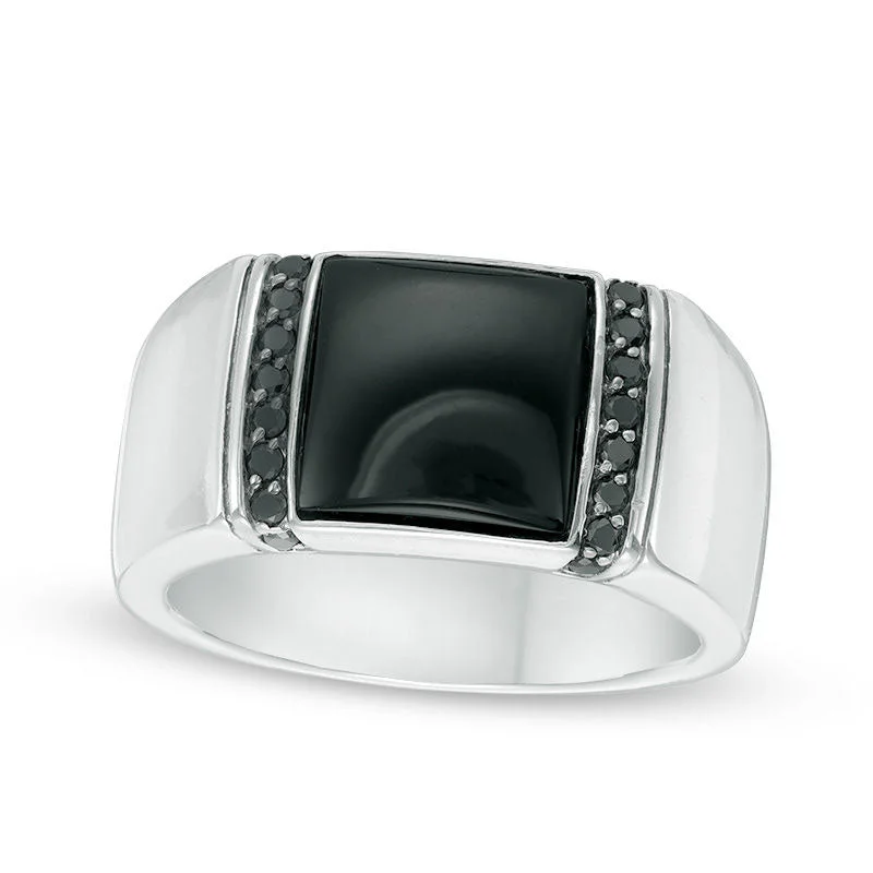 Women’s double halo engagement rings-Men's 11.0mm Cushion-Cut Onyx and 0.33 CT. T.W. Enhanced Black Natural Diamond Ring in Sterling Silver