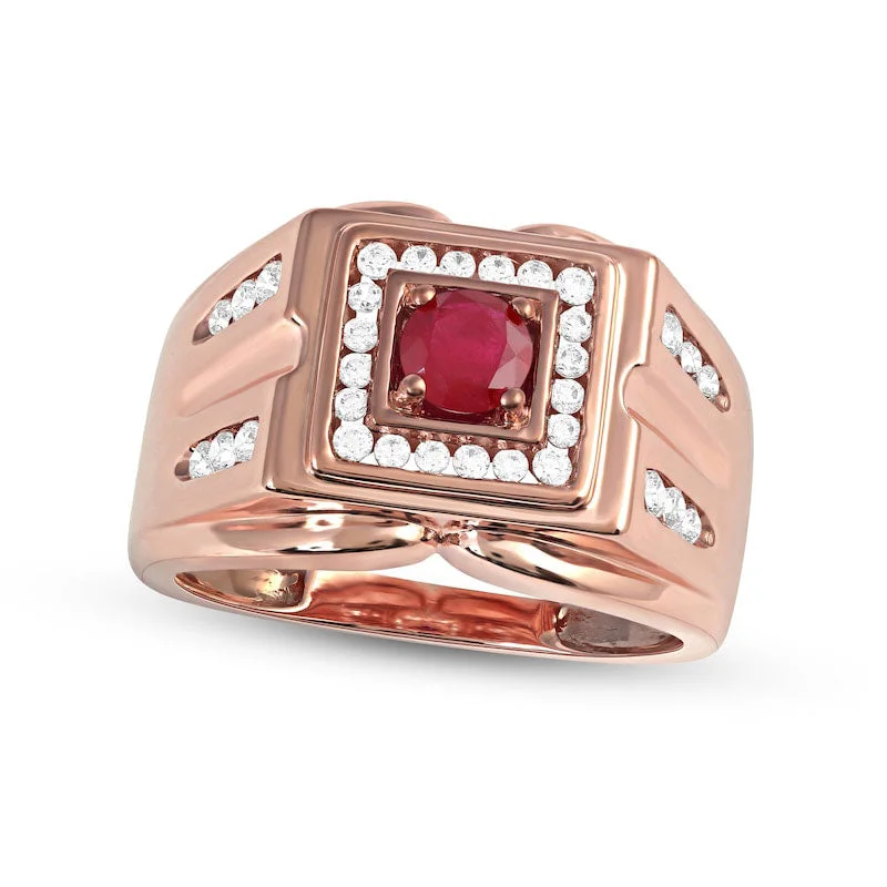 Women’s sparkling engagement rings-Men's 5.0mm Ruby and 0.50 CT. T.W. Natural Diamond Square Frame Double Row with Groove Shank Ring in Solid 10K Rose Gold