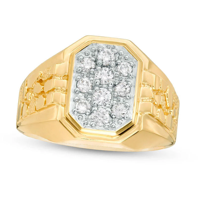 Women’s band engagement rings-Men's 0.50 CT. T.W. Octagonal Composite Natural Diamond Nugget center Stripe Ring in Solid 10K Yellow Gold