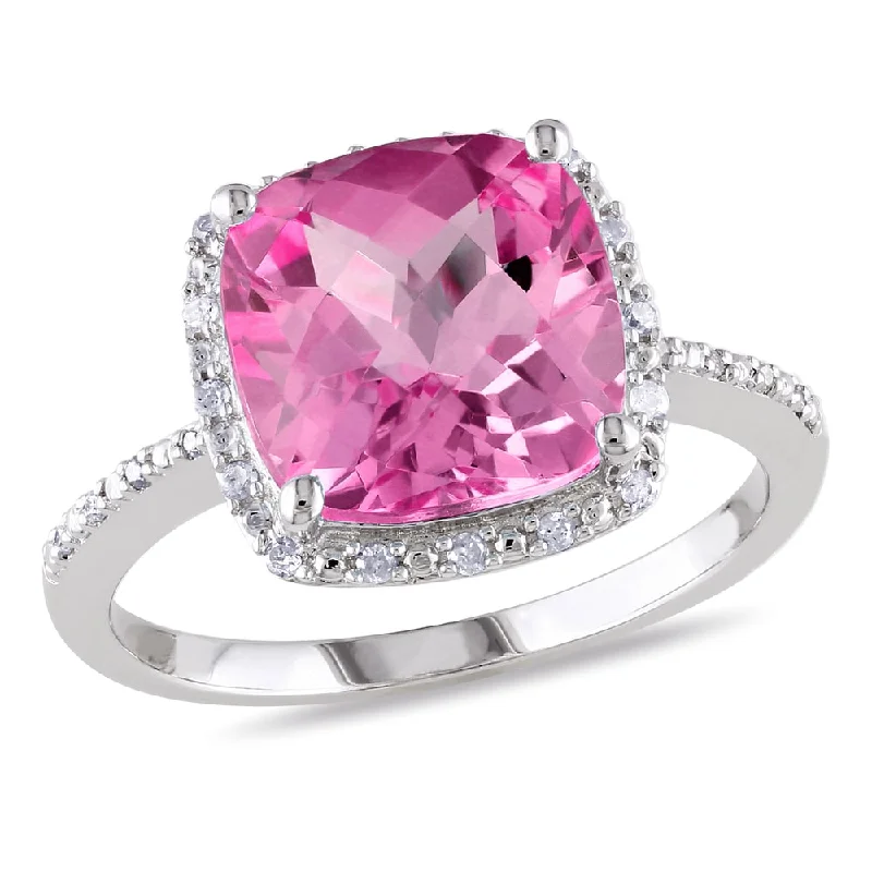 Women’s engraved ring-Miadora Sterling Silver Cushion-cut Created Pink Sapphire and 1/10ct TDW Diamond Cocktail Halo Ring