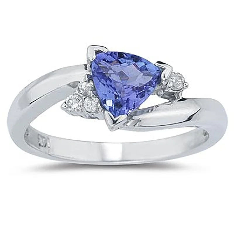 Women’s silver ring-3/4 Carat Trillion Cut Tanzanite and Diamond Ring in 14K White Gold