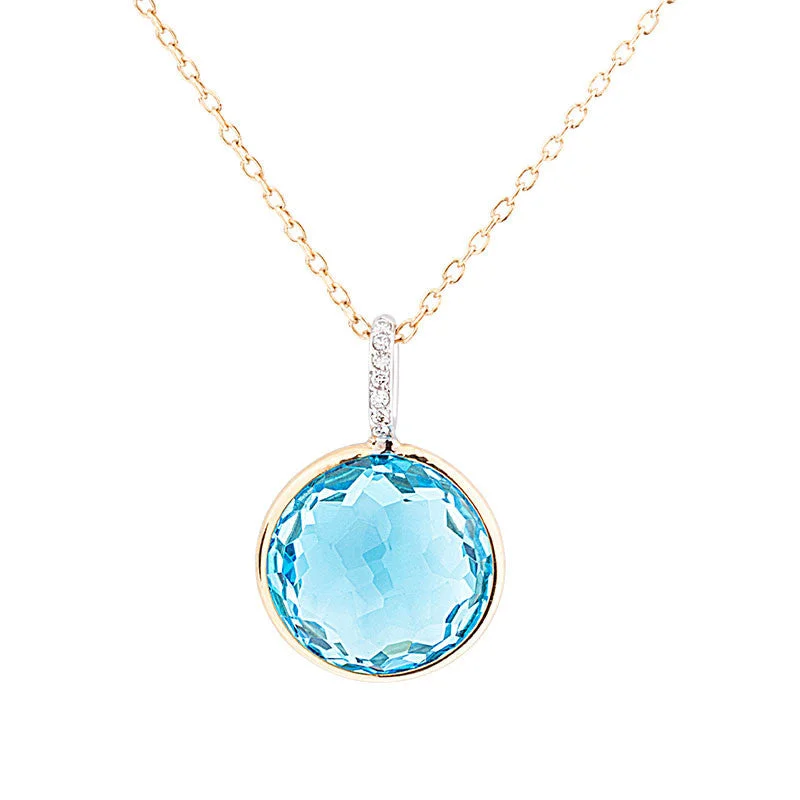 Women’s multi-stone necklace-Como Collection 12mm Round Blue Topaz with Diamond Pendant