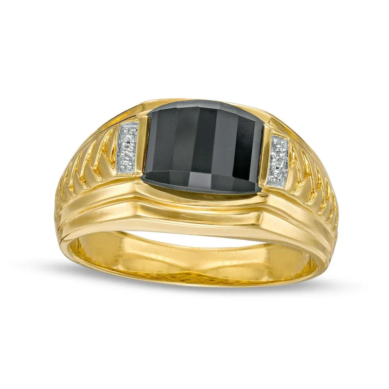 Women’s antique engagement rings with diamonds-Men's Barrel-Cut Black Onyx and Natural Diamond Accent Collar Stepped Edge Woven Shank Comfort-Fit Ring in Solid 10K Yellow Gold