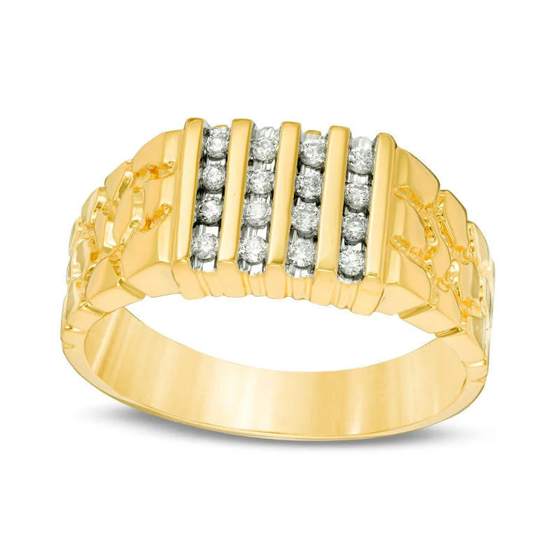 Women’s affordable engagement rings-Men's 0.25 CT. T.W. Natural Diamond Four Row Nugget Ring in Solid 10K Yellow Gold