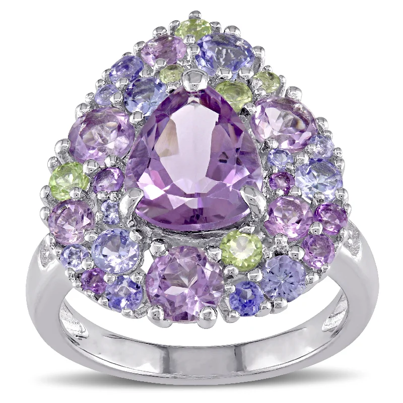 Women’s timeless ring-Miadora Tanzanite Rose de France Peridot Amethyst and Diamond Accent Pear-Cut Cluster Cocktail Ring