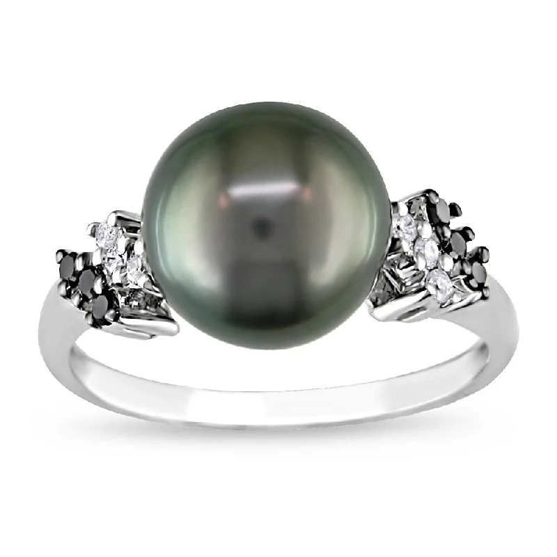 Women’s turquoise ring-9-10 MM Tahitian Cultured Pearl 1/8ct TDW Black and White Diamond Ring in 10k White Gold by Miadora