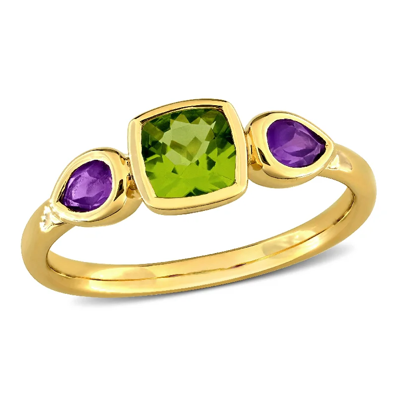 Women’s multi-stone ring-Miadora 1ct TGW Cushion-Cut Peridot and Pear-Cut Amethyst 3-Stone Ring in 10k Yellow Gold