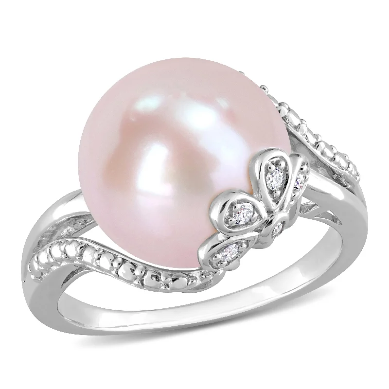 Women’s silver ring-Miadora 12-12.5mm Button-Shaped Pink Cultured Freshwater Pearl and Diamond Accent Flower Split-Shank Ring in Sterling Silver