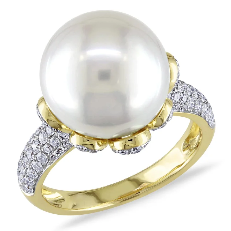 Women’s diamond-studded ring-Miadora Signature Collection 14k Yellow Gold South Sea Pearl 3/4ct TDW Diamond Ring (G-H, SI1-SI2)