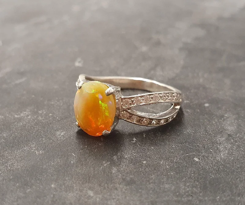 Women’s sapphire and diamond engagement rings-Fire Opal Ring - Opal Engagement Ring - Split Shank Ring