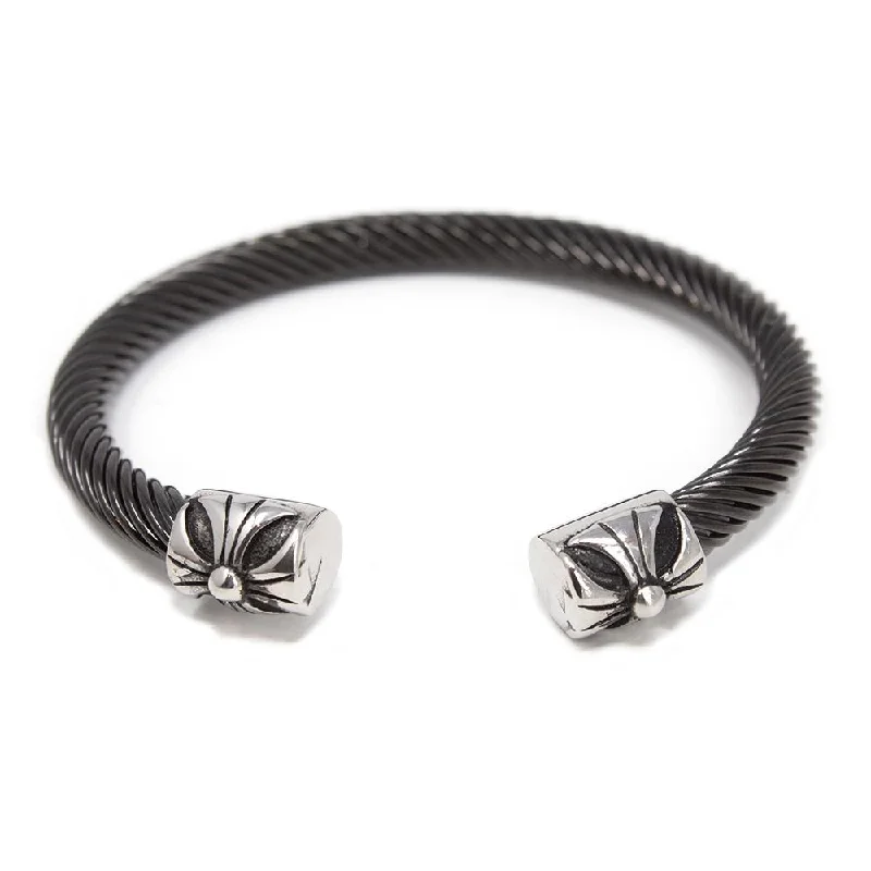 Women’s braided bangle-Stainless Steel Black Cable Bangle with Flower Ends