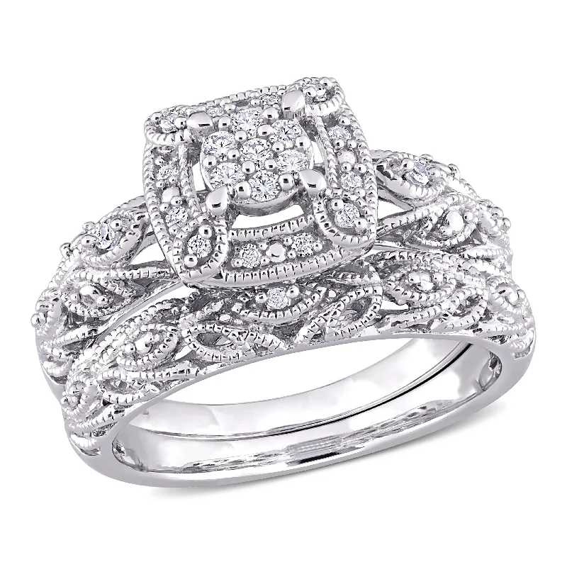 Women’s luxury ring-Miadora Sterling Silver 1/5ct TDW Diamond Vintage Composite Halo Bridal Ring Set