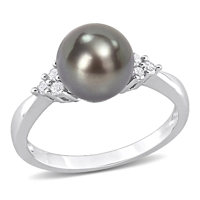 Women’s stackable rings-Miadora 8-8.5mm Black Tahitian Pearl and 1/8ct TDW Diamond Ring in Sterling Silver