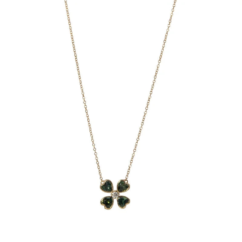 Women’s vintage gold necklace-Green Sapphire & Diamond 14K Gold Four Leaf Clover Necklace