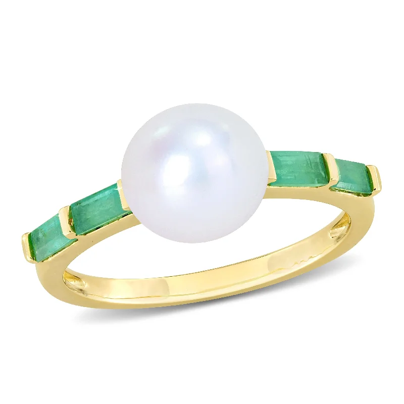 Women’s ruby and diamond ring-Miadora 8mm Cultured Freshwater Pearl 1/2ct TGW Baguette Emerald Ring 10k Yellow Gold