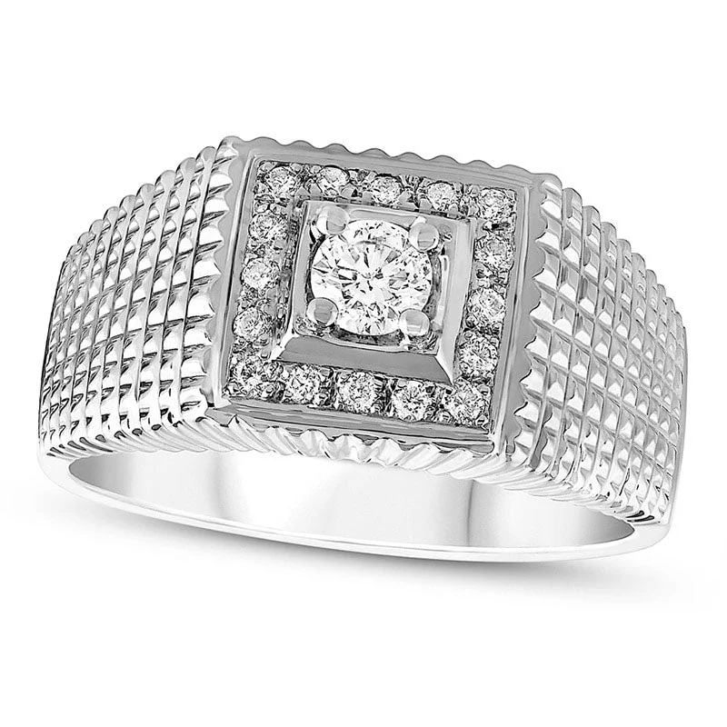 Women’s vintage-inspired engagement rings-Men's 0.38 CT. T.W. Natural Diamond Square Frame Textured Ring in Solid 14K White Gold