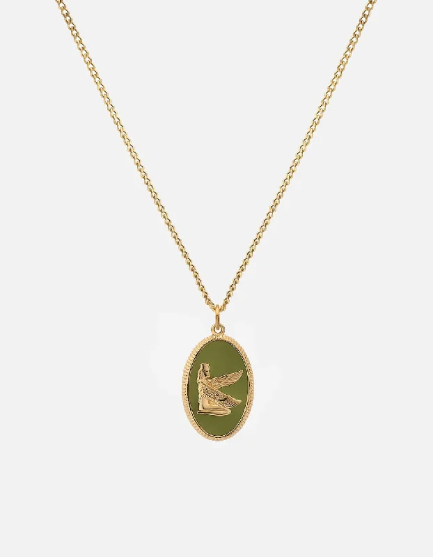 Women’s engraved necklace-Ma'at Necklace, Gold Vermeil/Sage Enamel