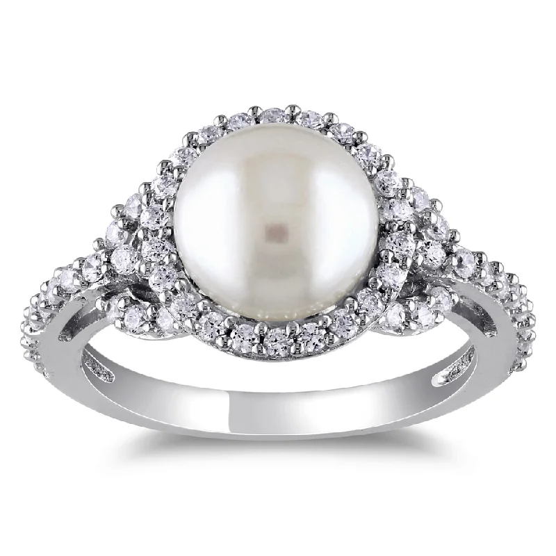 Women’s chunky ring-Miadora Sterling Silver Cubic Zirconia and Pearl Ring (8.5-9 mm)