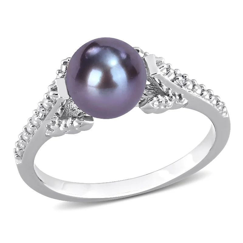 Women’s solitaire ring-Miadora 7-7.5mm Black Cultured Freshwater Pearl and Diamond Accent Split Shank Ring in Sterling Silver