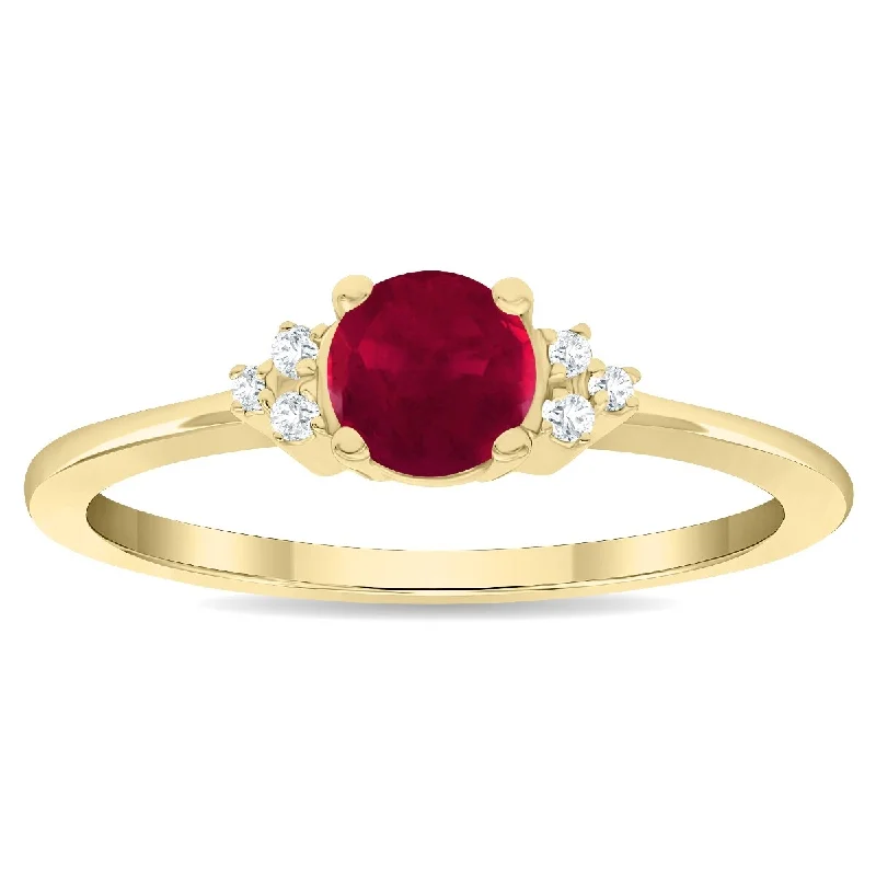 Women’s ruby ring-Women's Round Shaped Ruby and Diamond Half Moon Ring in 10K Yellow Gold