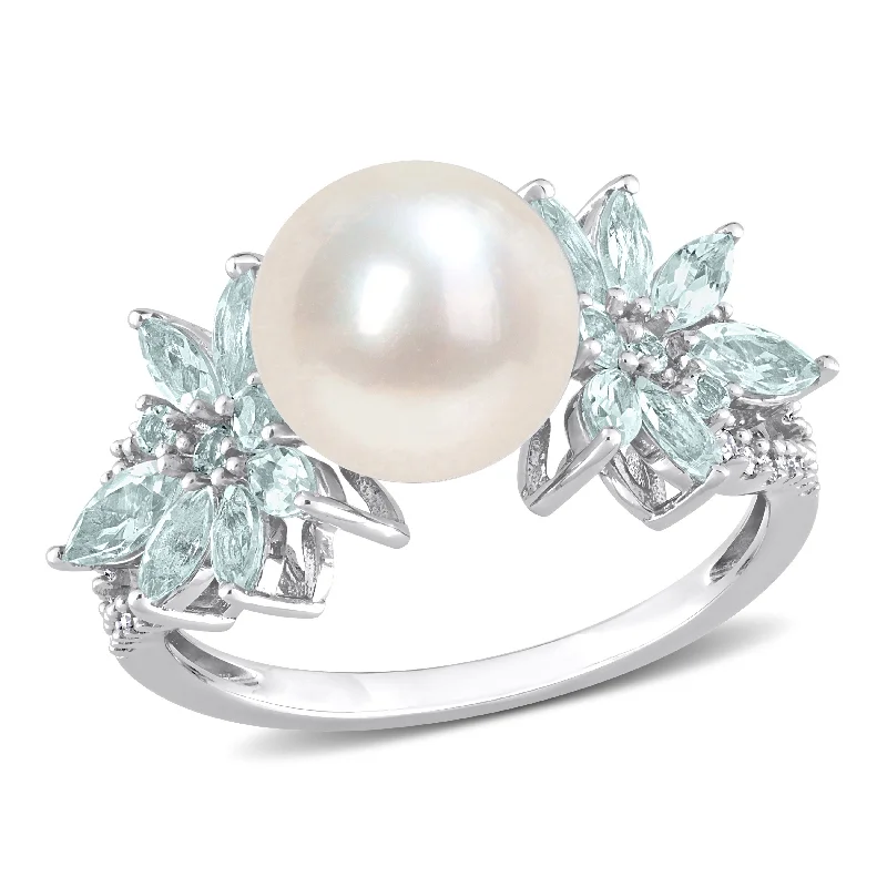 Women’s diamond and ruby ring-Miadora 9-9.5mm Cultured Freshwater Pearl and 3/5ct TGW Aquamarine and 1/8ct TW Diamond Flower Ring in 14k White Gold