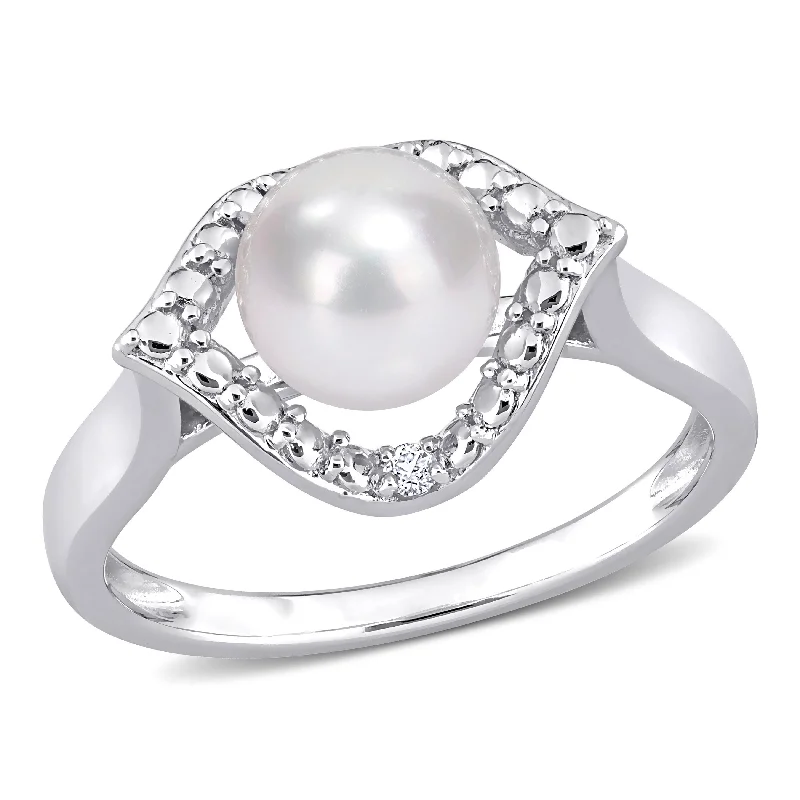 Women’s gemstone cluster ring-Miadora Sterling Silver Cultured Freshwater Pearl & Created White Sapphire Halo Ring (7-7.5mm)