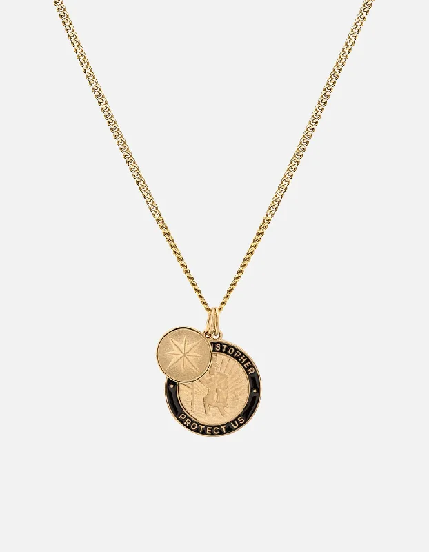 Women’s gemstone drop necklace-Saint Christopher Surf Necklace, Gold Vermeil/Black