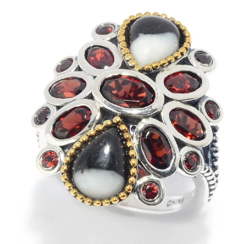 Women’s platinum wedding ring-925 Sterling Silver Red Garnet and White Buffalo Ring