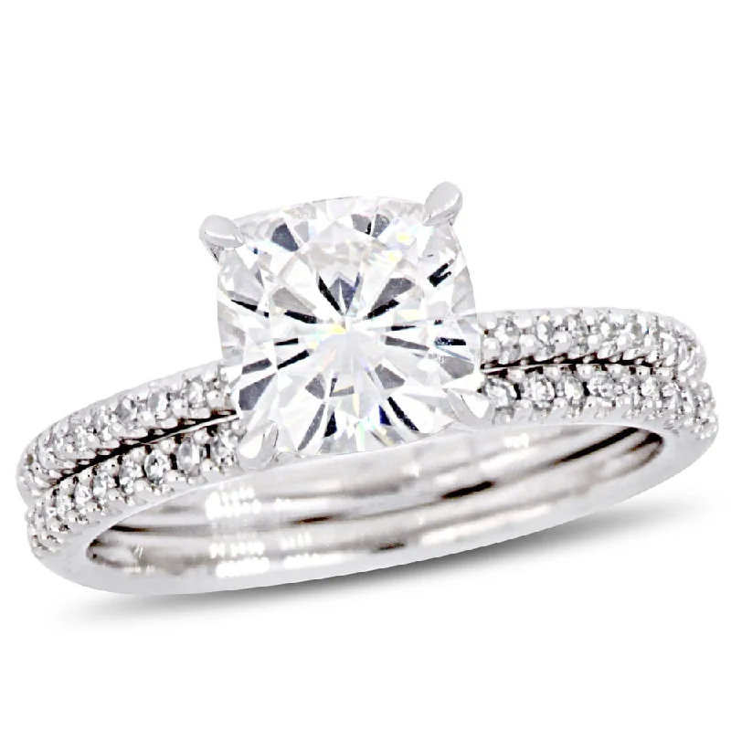 Women’s statement ring-Miadora 2ct DEW Cushion-Cut Moissanite and 1/4ct TDW Diamond Bridal Ring Set in 14k White Gold