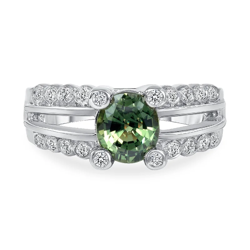 Women’s stylish ring-1.55 ct Green Sapphire and Diamond Ring in 14k White Gold