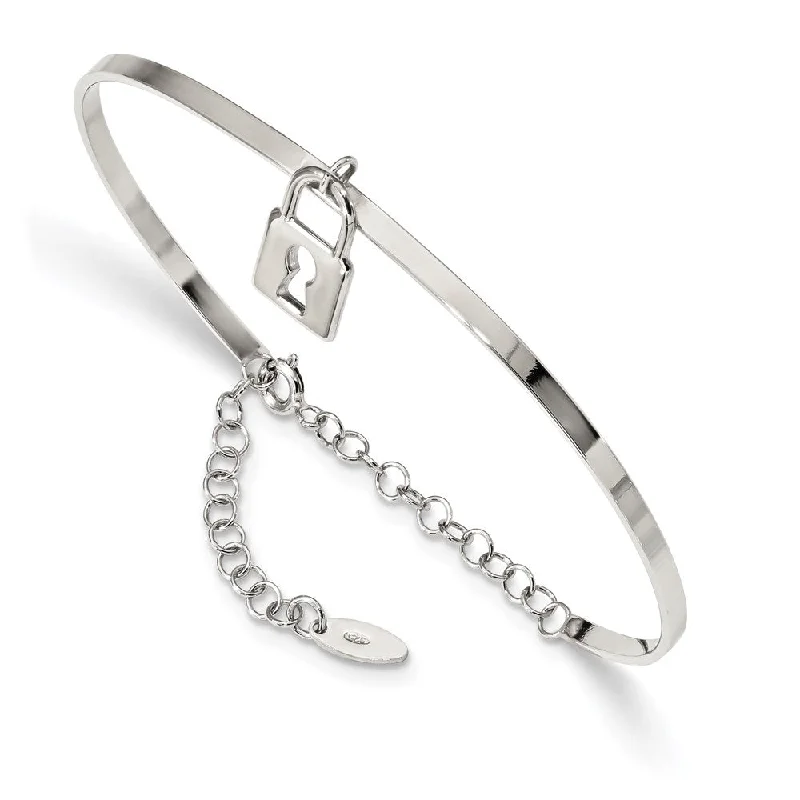 Women’s bangle bracelet set-Sterling Silver Rhod-plated Lock Charm up to 8.5in. w/Chain Bangle-WBC-QB1136-7.5