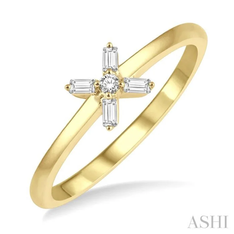 Women’s one-of-a-kind engagement rings-1/10 ctw Cross Baguette and Round Cut Diamond Petite Fashion Ring in 10K Yellow Gold