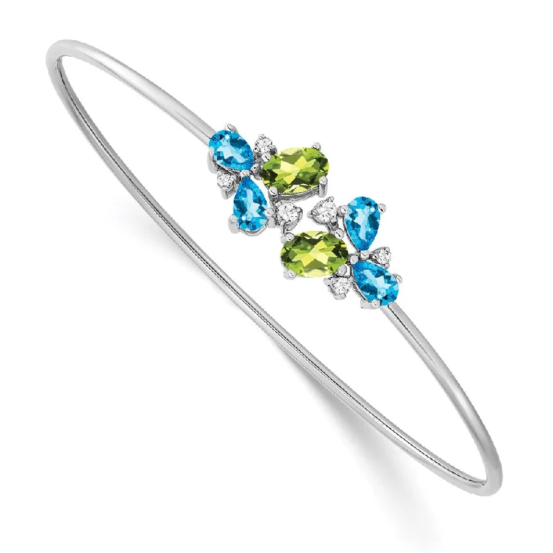 Women’s sterling silver bracelet-14k White Gold Blue Topaz/Peridot/Diamond Bangle-WBC-BM7128-BT/PE-013-WA