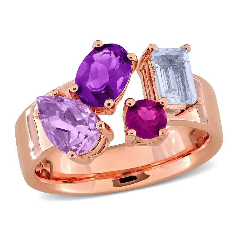 Women’s turquoise gemstone ring-Miadora 2 5/8ct TGW Pink Amethyst Amethyst Sky Blue Topaz Rhodolite Ring Rose Silver