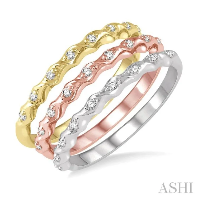 Women’s affordable gold engagement rings-1/5 ctw Twisted Top Three Tone Round Cut Diamond Stackable Band in 14K White, Yellow and Rose Gold