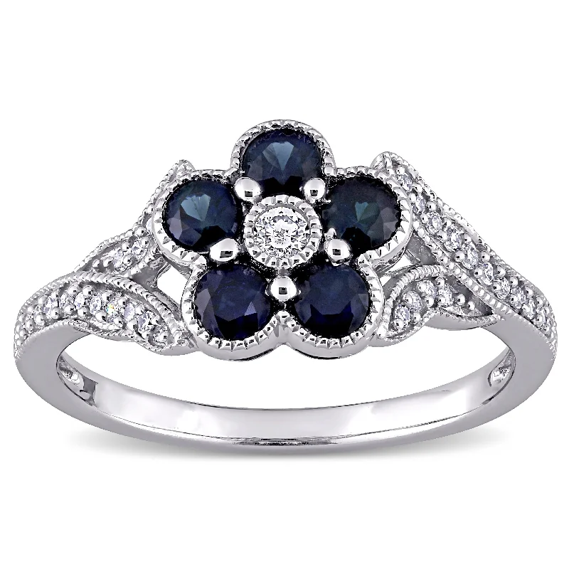 Women’s romantic ring-Flower Blue Sapphire and 1/6ct TDW Diamond Split Shank Ring in 10k White Gold by Miadora