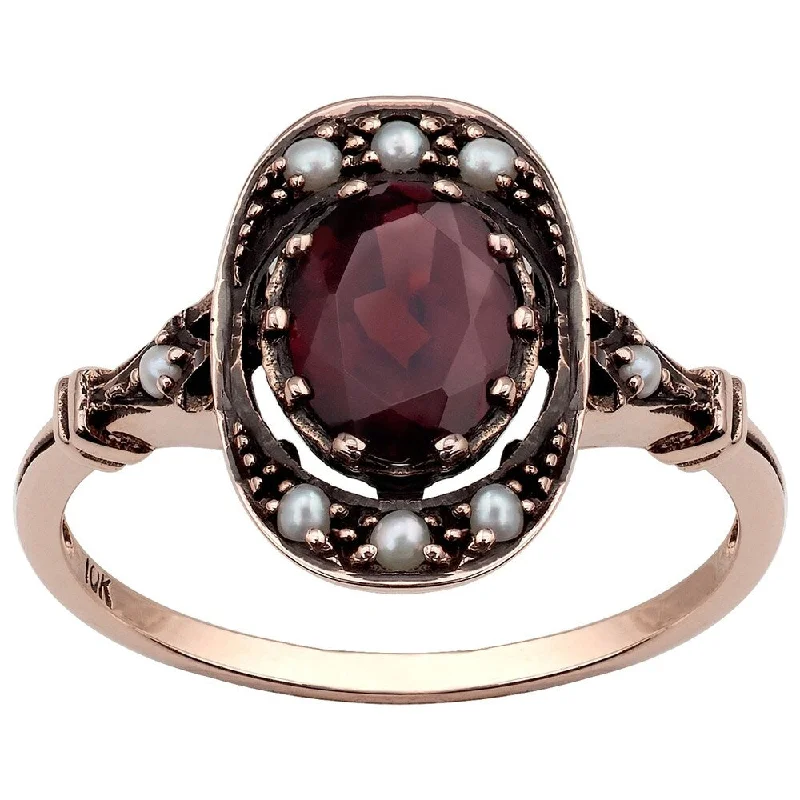 Women’s wedding ring-Viducci 10k Rose Gold Vintage Style Genuine Garnet and Pearl Ring - Brown