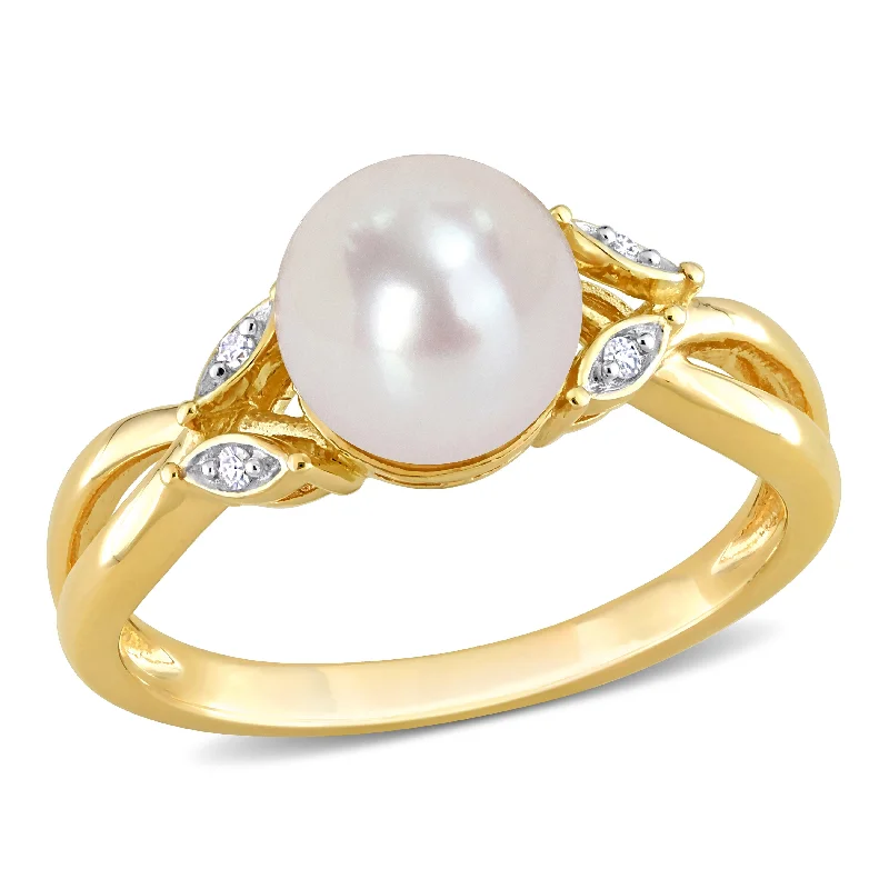 Women’s luxury ring-Miadora 7.5-8mm White Cultured Freshwater Pearl and Diamond Accent Split-Shank Ring in 10k Yellow Gold