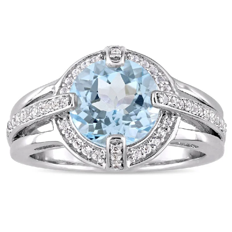 Women’s rose gold ring-Miadora Sterling Silver Sky-Blue Topaz and White Topaz Halo Cocktail Ring - Blue