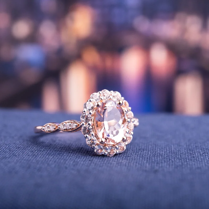 Women’s cushion cut ring-Miadora 14k Rose Gold Morganite and White Topaz and Diamond Halo Ring