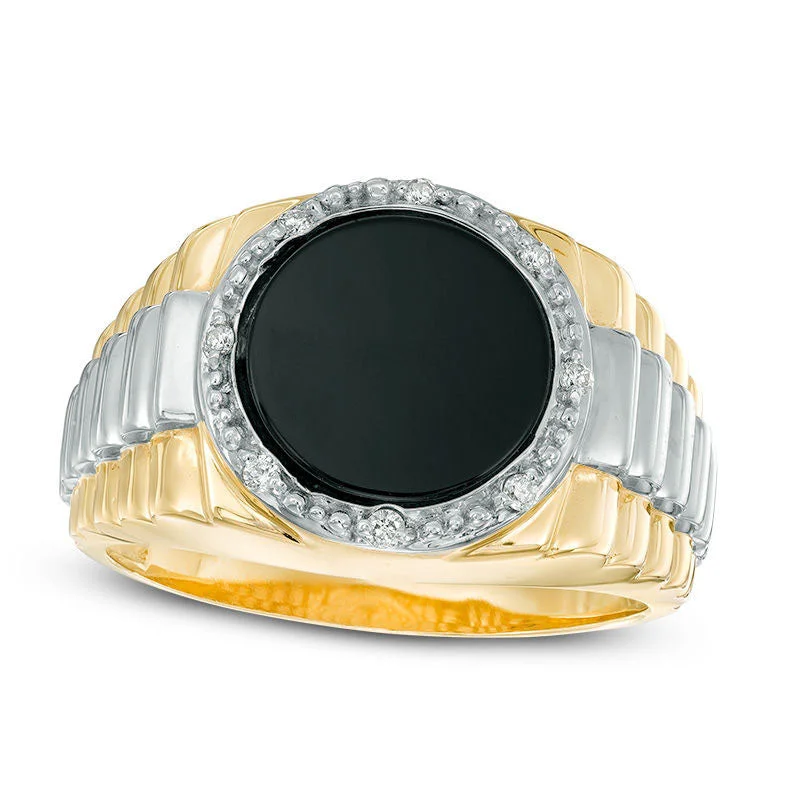 Women’s cushion cut engagement rings-Men's Onyx and Natural Diamond Accent Frame Stepped Shank Signet Style Ring in Solid 10K Two-Tone Gold