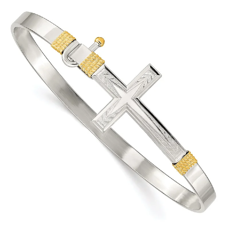 Women’s diamond bracelet set-Sterling Silver 14k Yellow Gold Accent Cross Hook Catch Bangle-WBC-QB749