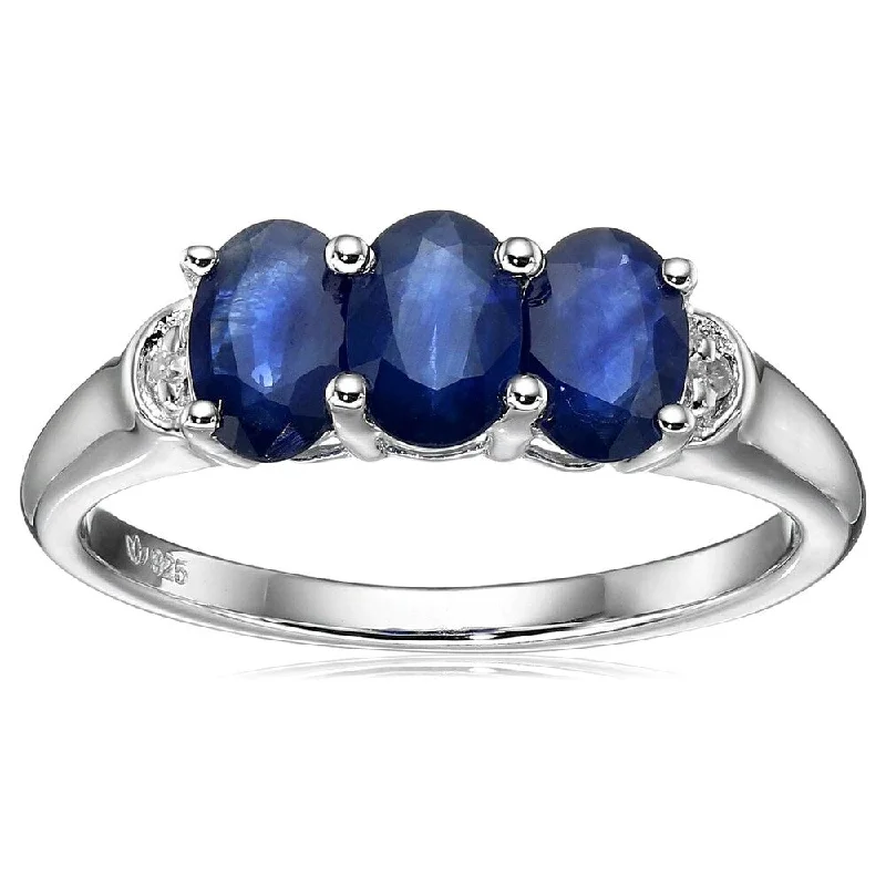 Women’s wedding ring set-Sterling Silver 1.86ctw Blue Sapphire & Diamond 3-Stone Band Ring