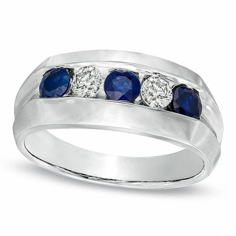 Women’s luxury engagement rings-Men's Blue Sapphire and 0.33 CT. T.W. Natural Diamond Ring in Solid 10K White Gold