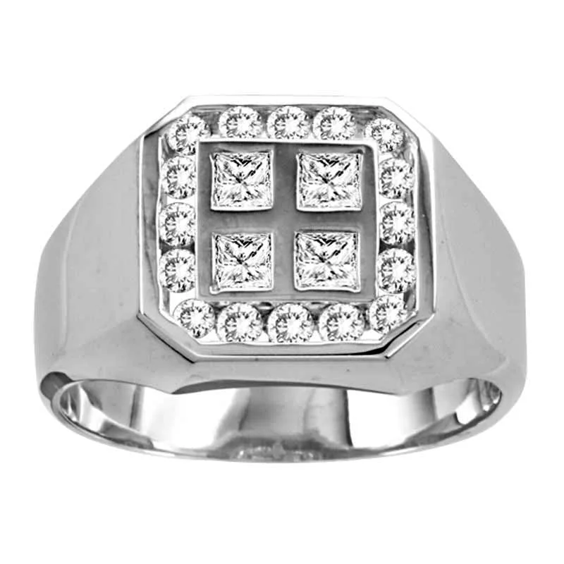 Women’s sparkly engagement rings-Men's 0.88 CT. T.W. Square-Cut and Round Natural Diamond Ring in Solid 14K White Gold (I/SI1)