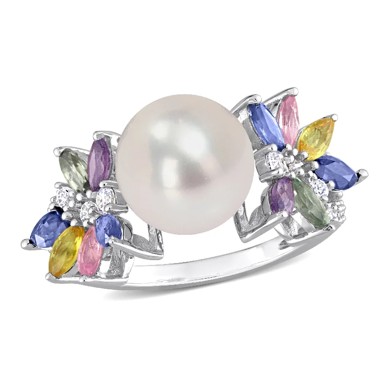 Women’s bold diamond ring-Miadora 9-9.5mm Cultured Freshwater Pearl 1 3/4ct TGW Multi Sapphire 1/8ct TW Diamond Flower Ring in 14k White Gold