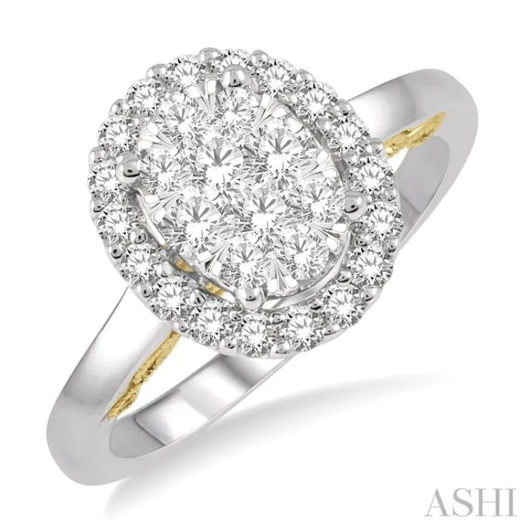 Women’s customized engagement rings-3/4 Ctw Oval Shape Lovebright Round Cut Diamond Ring in 14K White and Yellow Gold