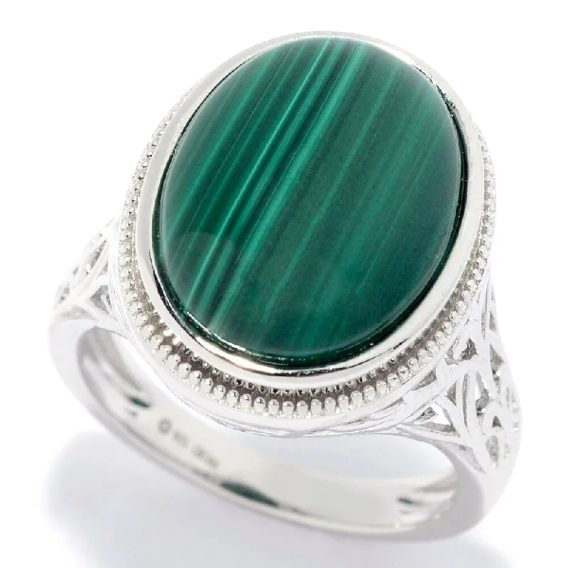 Women’s diamond eternity ring-Sterling Silver 16 x 12mm Oval Malachite Scrollwork Ring