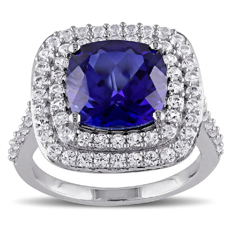 Women’s diamond ring-Miadora Sterling Silver Created Blue and White Sapphire Double Halo Cocktail Ring