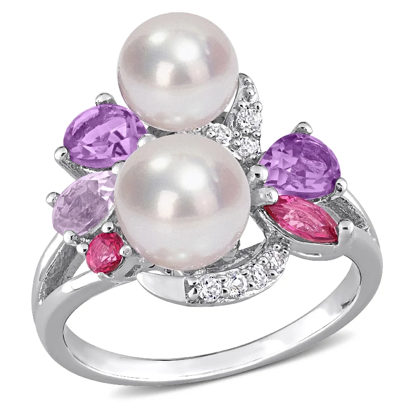 Women’s sapphire wedding ring-Miadora Cultured Freshwater Pearl and 1 3/8ct TGW Multi-Gemstone Cocktail Ring in Sterling Silver